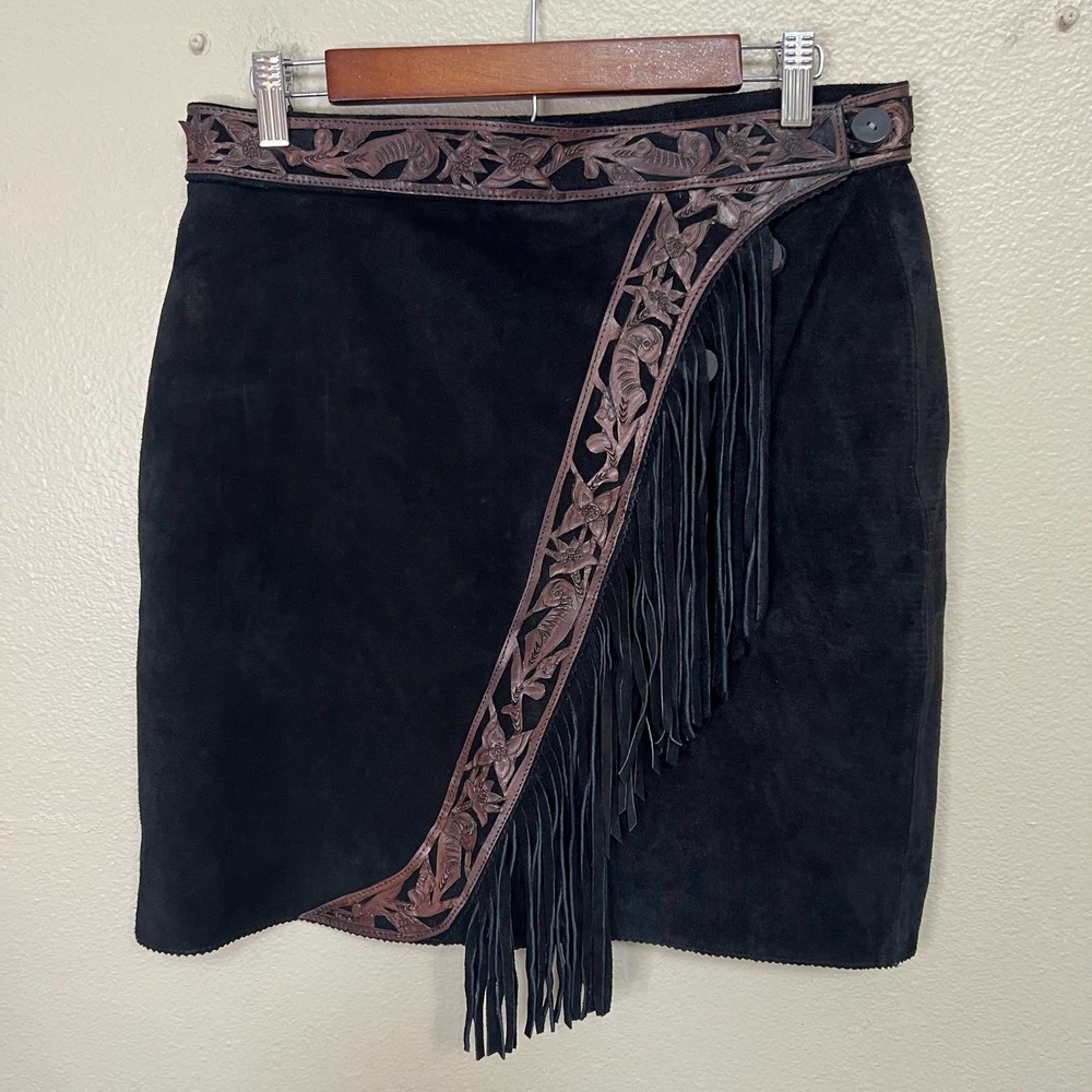 NWT Kobler Suede Tooled Leather Fringe Skirt Size Large
